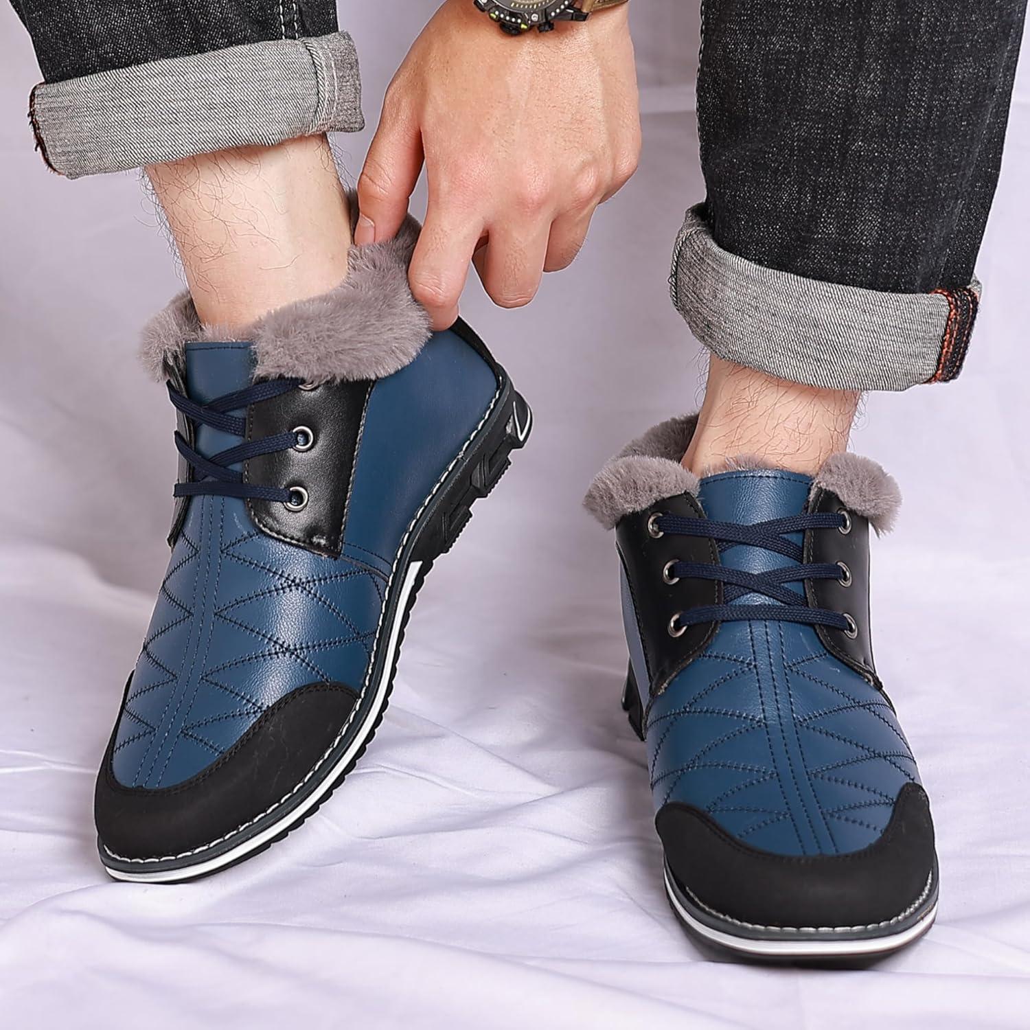 imageCOSIDRAM Men Shoes Snow Boots Mid Top Warm Walking Sneakers Lace up Casual Shoes Blue 105