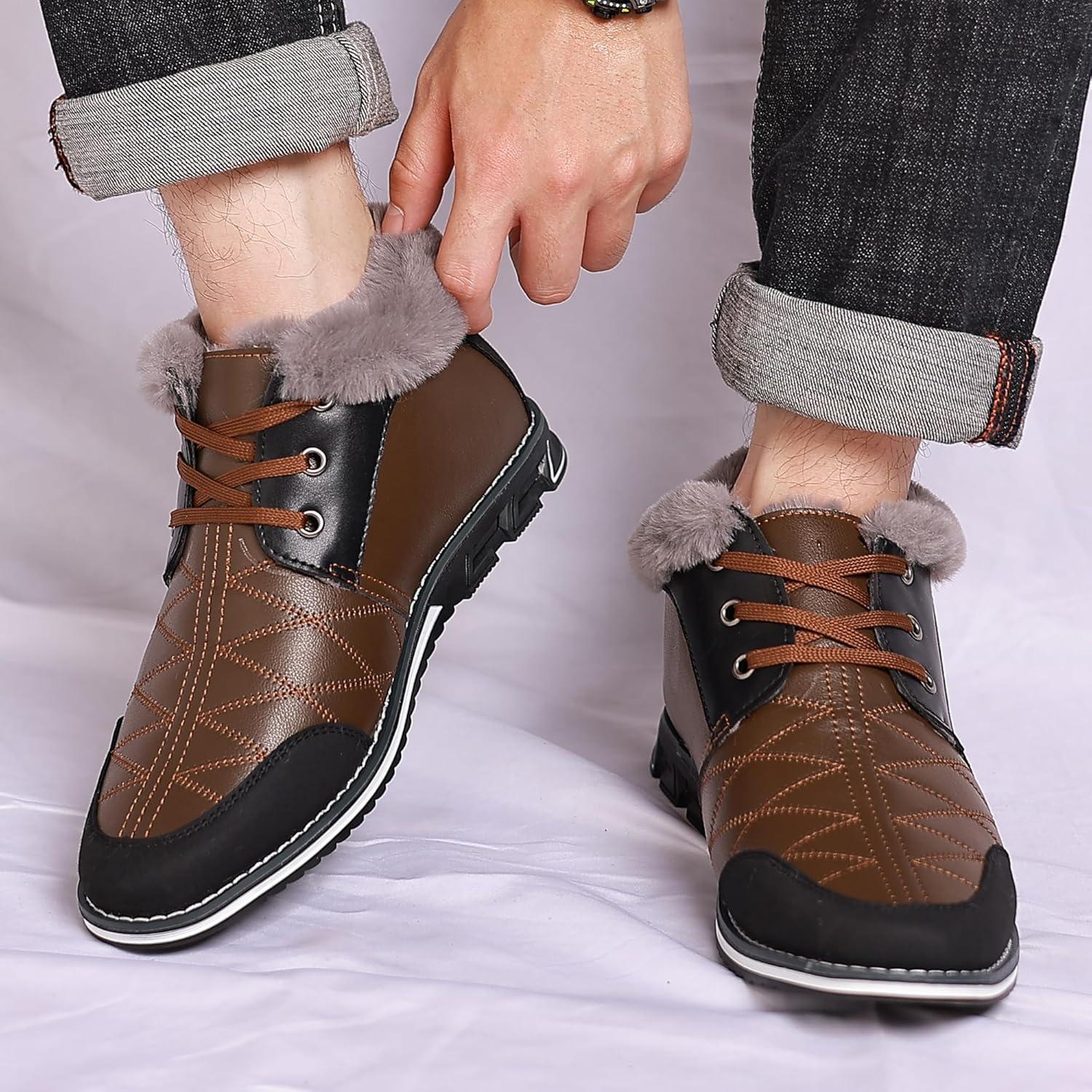 imageCOSIDRAM Men Shoes Snow Boots Mid Top Warm Walking Sneakers Lace up Casual Shoes Brown 13
