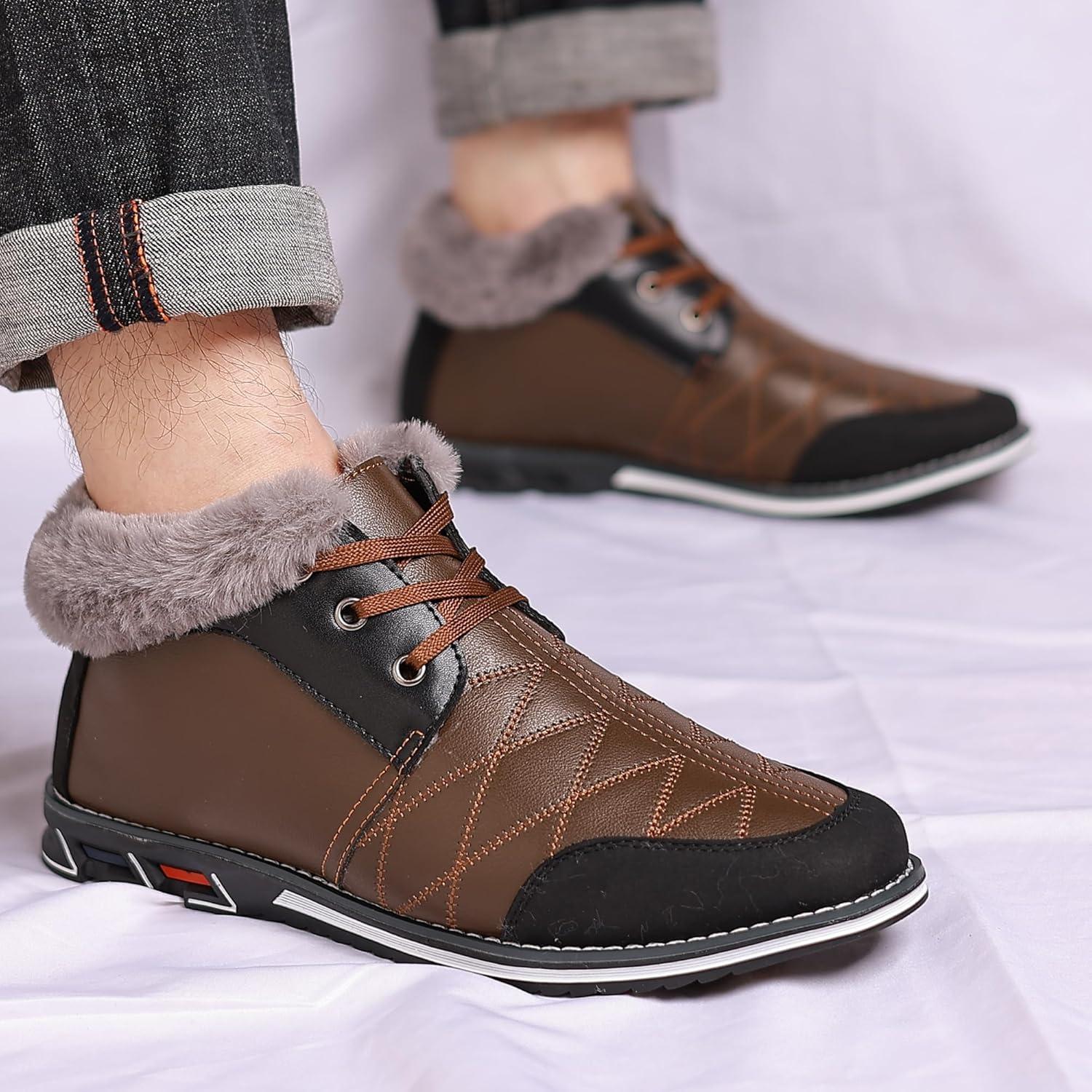 imageCOSIDRAM Men Shoes Snow Boots Mid Top Warm Walking Sneakers Lace up Casual Shoes Brown 13