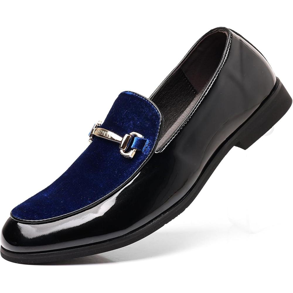 imageCOSIDRAM Mens Casual Shoes Fashion Velvet Patent Leather Loafers Classic Gold Buckle Business Party ShoesABlue