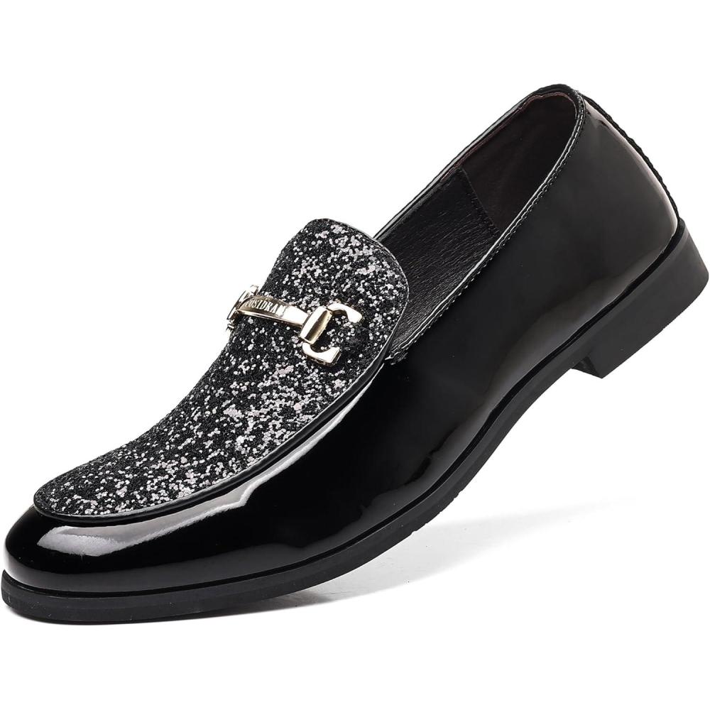 imageCOSIDRAM Mens Glitter Dress Shoes Fashion Metallic Sequins Gold Buckle Luxury Patent Leather Loafers Wedding Party PromABlack