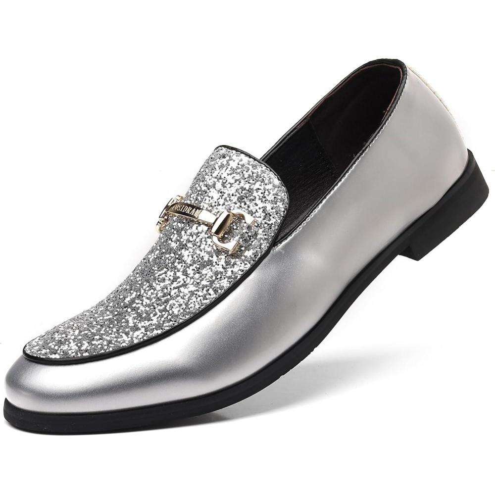 imageCOSIDRAM Mens Glitter Dress Shoes Fashion Metallic Sequins Gold Buckle Luxury Patent Leather Loafers Wedding Party PromASilver