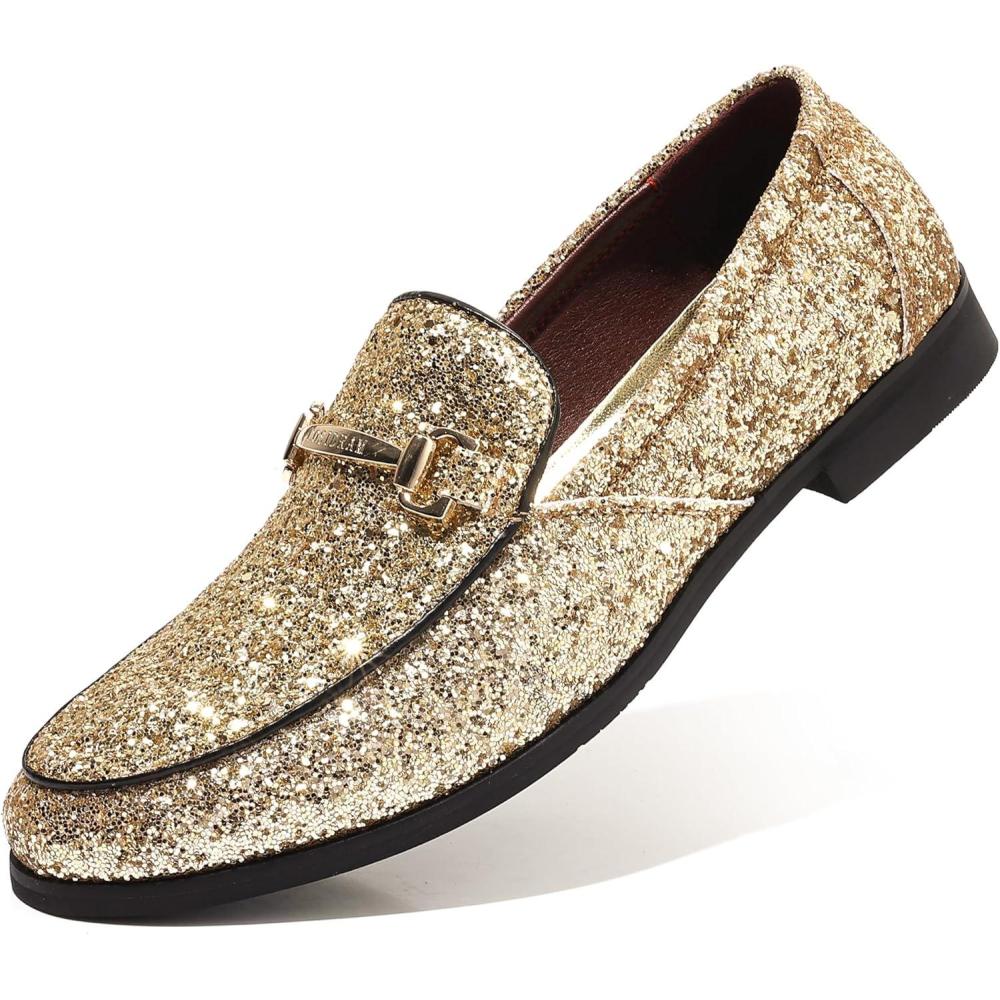 imageCOSIDRAM Mens Glitter Dress Shoes Metallic Sequins Tuxedo Luxury Gold Buckle Loafers Slipon Wedding Party ShoesAGold