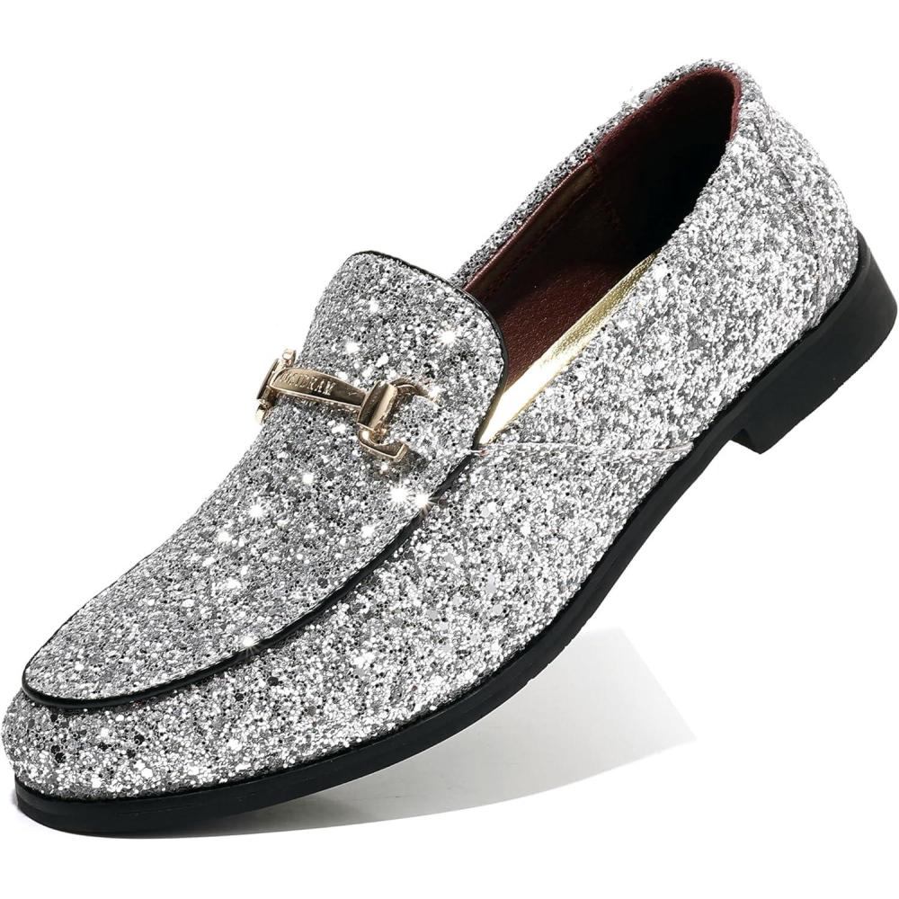 imageCOSIDRAM Mens Glitter Dress Shoes Metallic Sequins Tuxedo Luxury Gold Buckle Loafers Slipon Wedding Party ShoesASilver