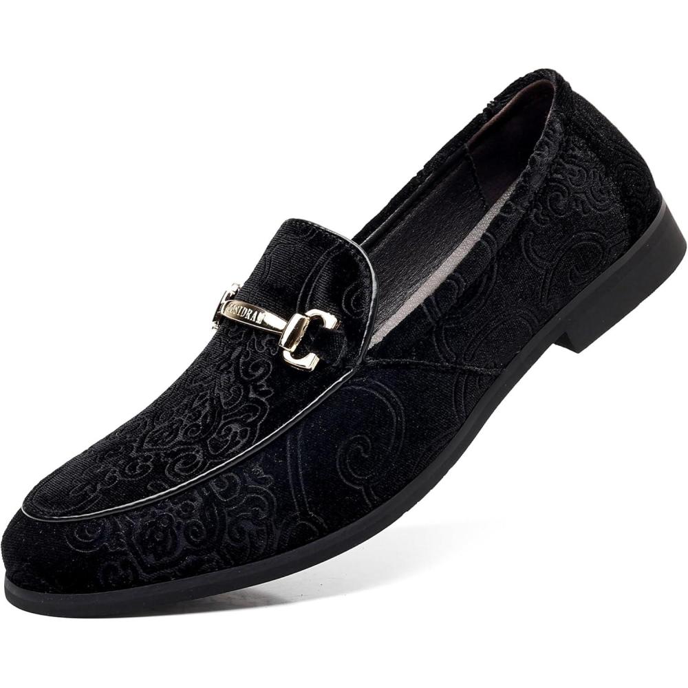 imageCOSIDRAM Mens Velvet Penny Loafers Luxury Vintage Jacquard Pattern Classic Gold Buckle Party Prom Dress ShoesABlack
