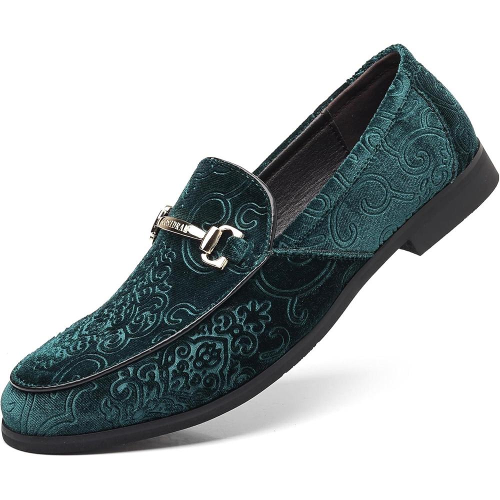 imageCOSIDRAM Mens Velvet Penny Loafers Luxury Vintage Jacquard Pattern Classic Gold Buckle Party Prom Dress ShoesAGreen