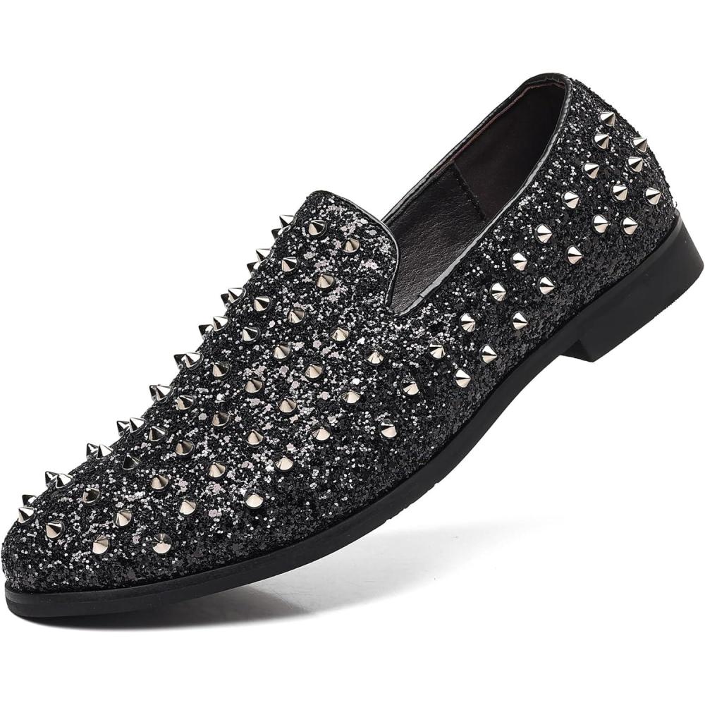 imageCOSIDRAM Mens Vintage Studded Dress Loafers Luxury Rhinestone Tuxedo Glitter Sequins Rivets Wedding Party Prom ShoesABlack