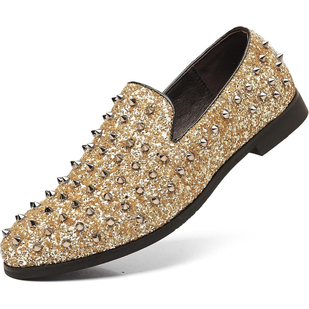 imageCOSIDRAM Mens Vintage Studded Dress Loafers Luxury Rhinestone Tuxedo Glitter Sequins Rivets Wedding Party Prom ShoesAGold