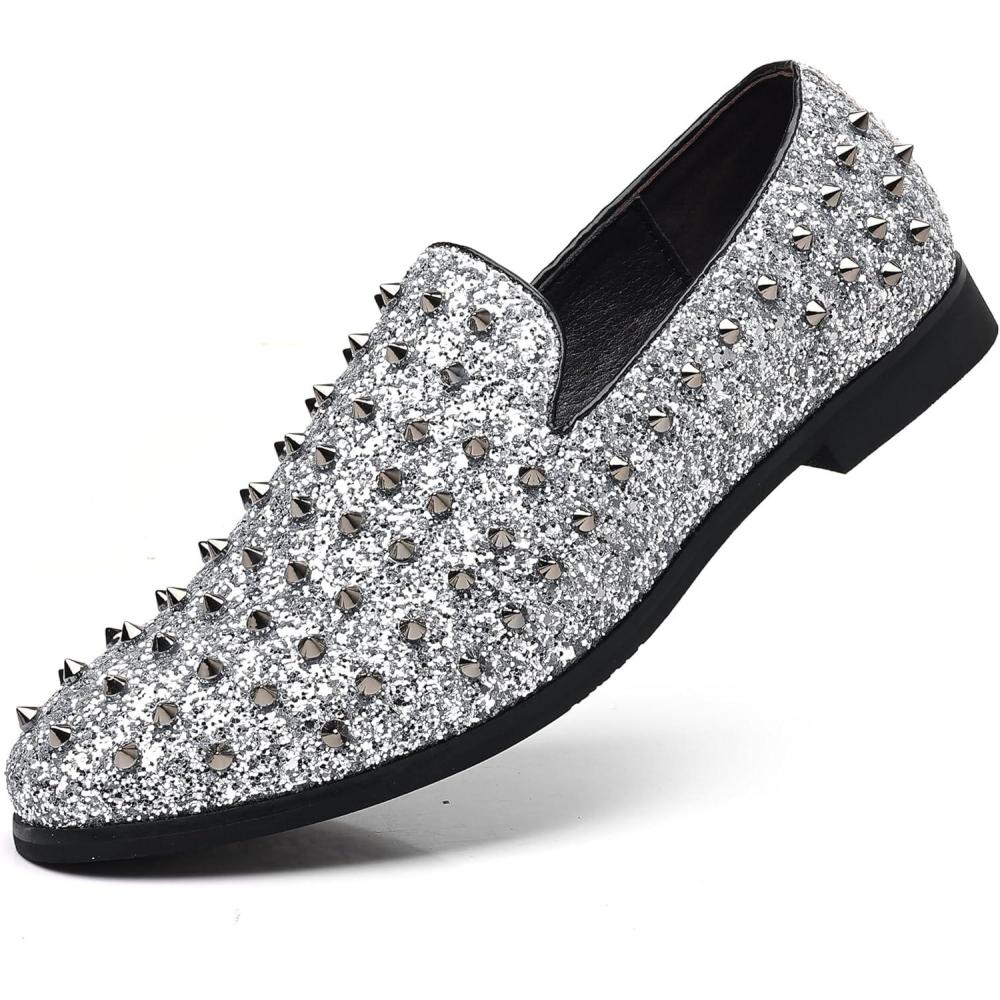 imageCOSIDRAM Mens Vintage Studded Dress Loafers Luxury Rhinestone Tuxedo Glitter Sequins Rivets Wedding Party Prom ShoesASilver
