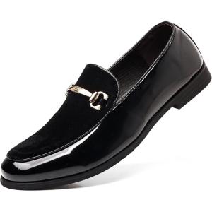 COSIDRAM Men’s Casual Shoes Fashion Velvet Patent Leather Loafers Classic Gold Buckle Business Party Shoes(A/Black)