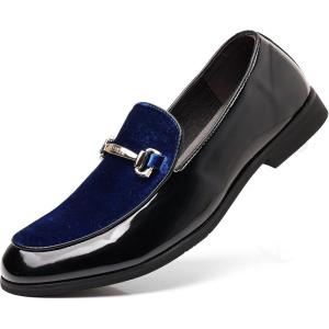 COSIDRAM Men’s Casual Shoes Fashion Velvet Patent Leather Loafers Classic Gold Buckle Business Party Shoes(A/Blue)