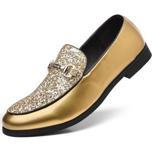COSIDRAM Men’s Glitter Dress Shoes Fashion Metallic Sequins Gold Buckle Luxury Patent Leather Loafers Wedding Party Prom(A/Gold)