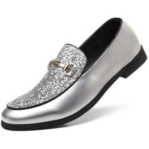 COSIDRAM Men’s Glitter Dress Shoes Fashion Metallic Sequins Gold Buckle Luxury Patent Leather Loafers Wedding Party Prom(A/Silver)