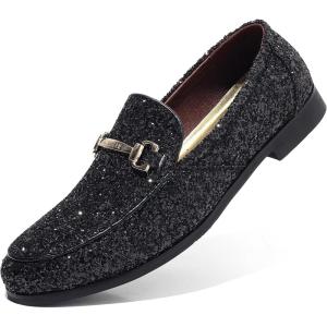 COSIDRAM Men’s Glitter Dress Shoes Metallic Sequins Tuxedo Luxury Gold Buckle Loafers Slip-on Wedding Party Shoes(A/Black)