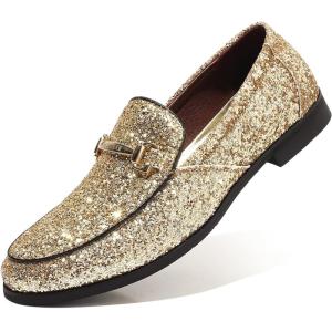 COSIDRAM Men’s Glitter Dress Shoes Metallic Sequins Tuxedo Luxury Gold Buckle Loafers Slip-on Wedding Party Shoes(A/Gold)