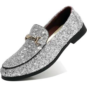 COSIDRAM Men’s Glitter Dress Shoes Metallic Sequins Tuxedo Luxury Gold Buckle Loafers Slip-on Wedding Party Shoes(A/Silver)
