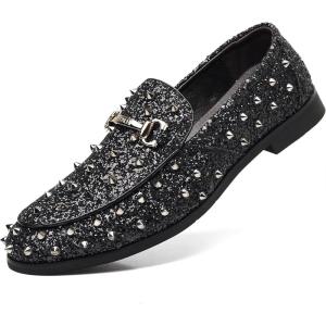 COSIDRAM Men’s Glitter Studded Dress Shoes Fashion Metallic Sequins Gold Buckle Spikes Rivets Luxury Wedding Party Loafers(A/Black)