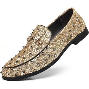 COSIDRAM Men’s Glitter Studded Dress Shoes Fashion Metallic Sequins Gold Buckle Spikes Rivets Luxury Wedding Party Loafers(A/Gold)