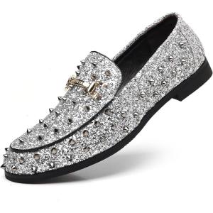 COSIDRAM Men’s Glitter Studded Dress Shoes Fashion Metallic Sequins Gold Buckle Spikes Rivets Luxury Wedding Party Loafers(A/Silver)