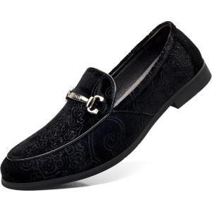 COSIDRAM Men’s Velvet Penny Loafers Luxury Vintage Jacquard Pattern Classic Gold Buckle Party Prom Dress Shoes(A/Black)