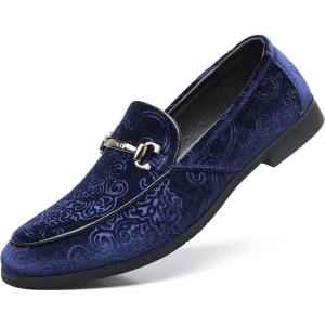 COSIDRAM Men’s Velvet Penny Loafers Luxury Vintage Jacquard Pattern Classic Gold Buckle Party Prom Dress Shoes(A/Blue)