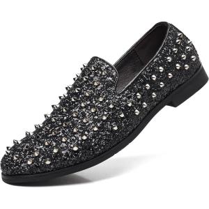 COSIDRAM Men’s Vintage Studded Dress Loafers Luxury Rhinestone Tuxedo Glitter Sequins Rivets Wedding Party Prom Shoes(A/Black)