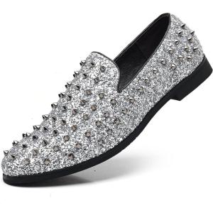 COSIDRAM Men’s Vintage Studded Dress Loafers Luxury Rhinestone Tuxedo Glitter Sequins Rivets Wedding Party Prom Shoes(A/Silver)